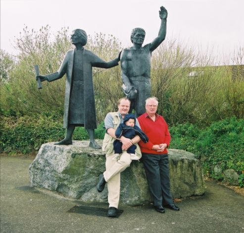 Statue of Myghal Josep and Thomas Flamank in St. Keverne, and three rather more recent angoves. ©MJ Angove, 1999